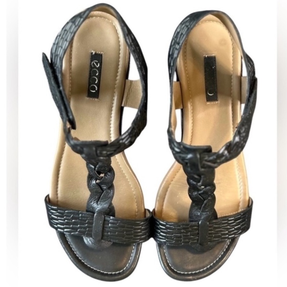 ECCO Braided T-Strap Sandals Comfort Thong Black Leather EU 38 US 7-7.5